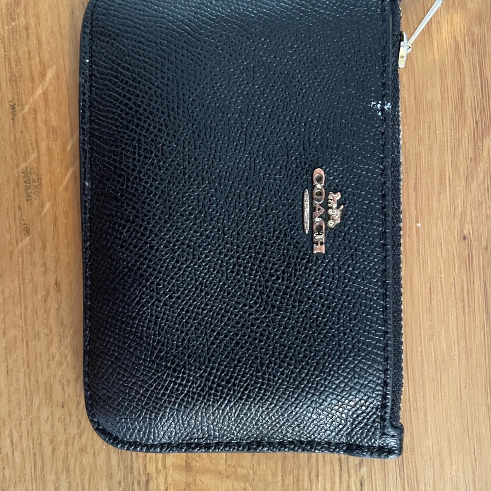 Coach Black Pebbled Leather Small Zip Card Case with Gold Logo